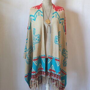Shannie Girl Women's One Size Southwestern Aztec Print  Fringe Trim Poncho Wrap